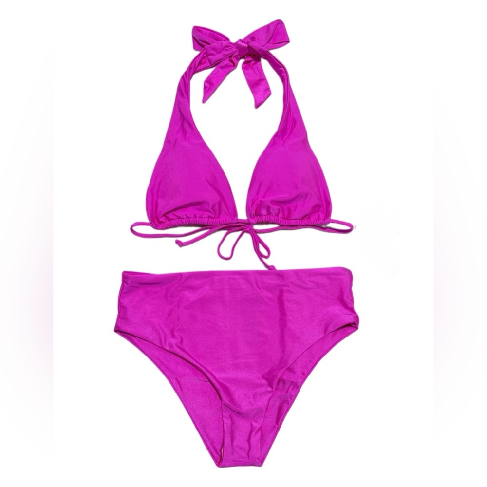 VYB Swim NWT Glittery Sheen Fuchsia Triangle Top High Waisted Bikini Set